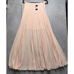 Bebe Pleated Midi Skirt Peach Blush Sheer Overlay Elastic Waist Small